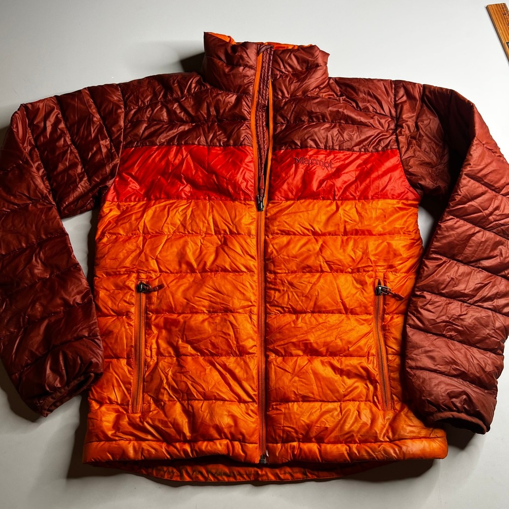 Marmot Mens Small Orange Burgundy Colorblock Puffer Jacket Full Zip E71260